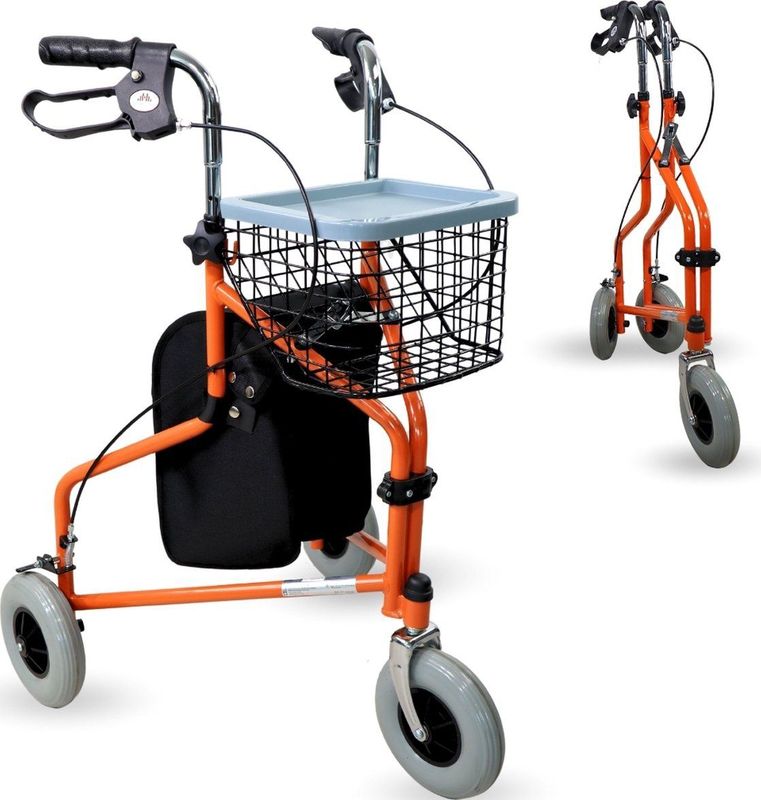 Mobiclinic Caleta - Rollator - Rollator met 3 Wielen - Vergrendelbare Remmen - Looprek met wielen - Stoel en Rugleuning - Opvouwbare en Verstelbare in Hoogte - Lichtgewicht - Mand en Draagtas - Oranje