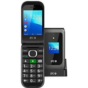 SPC Jasper 2 4G mobiele telefoon met klep voor senioren met WhatsApp, grote toetsen, compatibel met gehoorapparaten, SOS-knop, dubbel display, 4G en laadstation, zwart