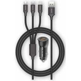 TechOneTech Autolader 2 x USB-A + 3-in-1 micro-USB-kabel, Lightning en USB-C - zwart