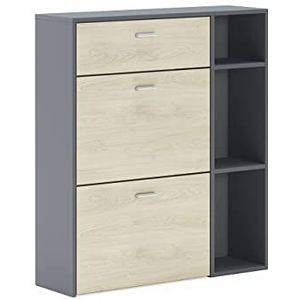 Skraut Home | Schoenenkast | 102 x 90 x 26 cm | Capaciteit voor 12 paar schoenen | 2 vleugeldeuren + 1 lade | Windmodel | Grijs/eiken afwerking