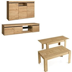 Skraut Home Woonkamermeubels, natuurlijk model, tv-kast, en uittrekbare eettafel, Scandinavische stijl, eiken en zwart