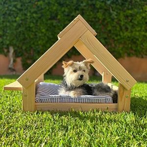 Skraut Home - Hondenhok in natuurlijke kleur – bed van natuurlijk hout FSC voor kleine en middelgrote honden en katten – huis voor dieren – 2 bakhouders. 76 x 44 x 55 cm