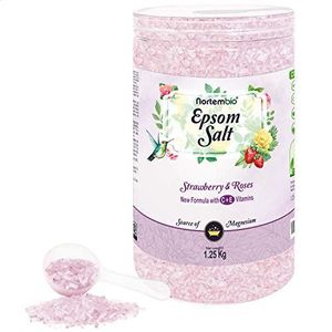 Nortembio Epsomzout 100% Geur Aardbei & Rozen 1,25 kg – Natuurlijke Bron van Magnesium | Met Hydraterende Vitamine C en E | Voor Ontspanningsbaden, Spa en Huidverzorging + Gratis E-Book
