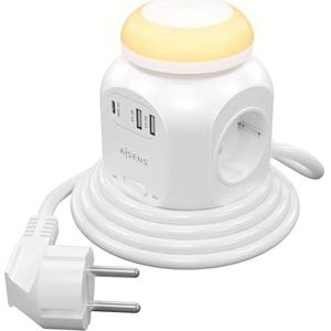 AISENS - ASPS-2A1CLPQ02-W - Multifunctionele stekkerdoos met 4 stopcontacten + 1 x usb-C 20 W Pd3.0, 2 Xusb-A 18 W Qc3.0, nachtlampje, 1,8 m, wit