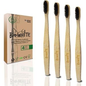 4 witte biologische borstels van puur bamboe medium, biologisch afbreekbaar. Aanbevolen door tandartsen over de hele wereld. Zwarte bamboehoutskoolborstelharen met blekend effect, BPA-vrij.