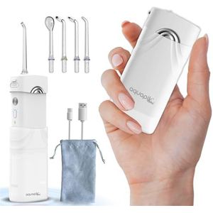 Aquapik Mini Draagbare mondspoeler, intrekbare watertank, oplaadbaar, voor reizen en kantoor, 4 sproeiers, 3 standen, waterdicht, voor het hele gezin (wit)