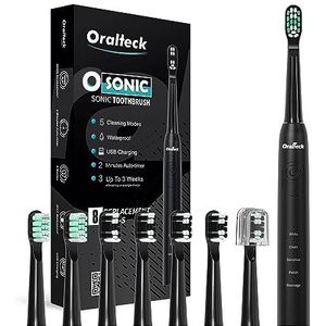 OSONIC Elektrische sonische tandenborstel met 7 borstelkoppen, sonische borstel voor volwassenen en kinderen, 5 modi, oplichting in 2 weken, timer, 2 minuten, IPX7 USB-oplaadbatterij (zwart)