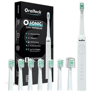 OSONIC Elektrische sonische tandenborstel met 7 koppen, sonische borstel voor volwassenen en kinderen, 5 bleekmodi in 2 weken, 2 minuten timer, IPX7, USB-oplaadbatterij (wit)