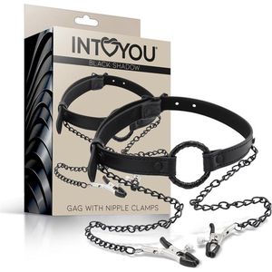 Intoyou Black Shadow - BDSM - Ring Gag met Tepelklemmen aan Ketting - Ecoleder - Verstelbaar - Zwart