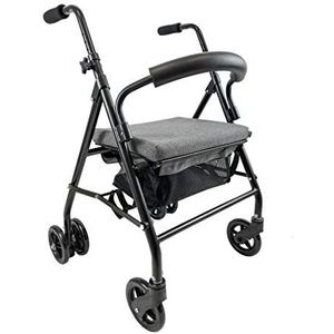 KMINA Loophulp voor ouderen met 4 wielen, inklapbaar, rollator voor ouderen met zitting, van aluminium met grijze drukremmen, gemaakt in Spanje