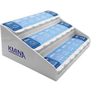KMINA - Pillendoos voor 3 blikjes, Spaans, 7 dagen, tablettenbox, wekelijkse pillendoos met 3 dagelijkse doses, doseerder voor medicijnen, tabletten, gemaakt in Spanje