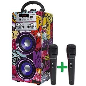 Dynasonic, (3e generatie) draagbare Bluetooth-luidspreker met karaokemodus en microfoon, FM-radio en USB SD-speler (model 12, 2 microfoons)