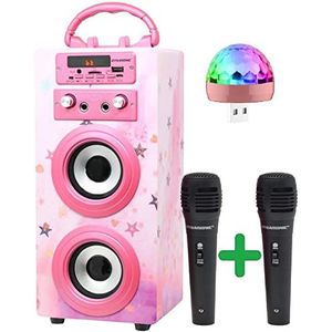 DYNASONIC (Model 15 met USB Ledlampjes) Karaoke speaker met 2 microfoons. Cadeau voor jongens en meisjes. Origineel speelgoed.