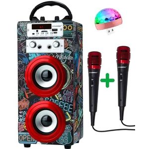 DYNASONIC - Luidspreker (3e generatie draagbare bluetooth-luidspreker met karaoke-modus en microfoon, FM-radio en USB SD-speler (model 21, discotelampen)