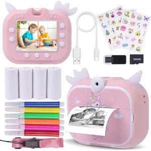 DYNASONIC Kindercamera (2e generatie eenhoorn) digitale en videocamera, 48 MP, 2,5 K UHD, incl. 32 GB SD-kaart, 5 printpapier, cadeau voor meisjes van 3 tot 14 jaar