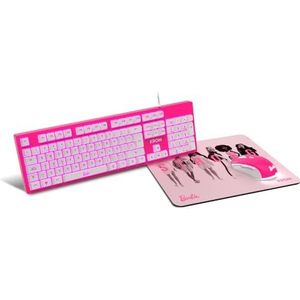 KROM Barbie KANDY BB SPANISH -editie toetsenbord-, muis- en muismatset - Wit LED-membraantoetsenbord, muis met 6400 DPI optische sensor, zachte rubberen muismat, Spaanse lay-out, roze