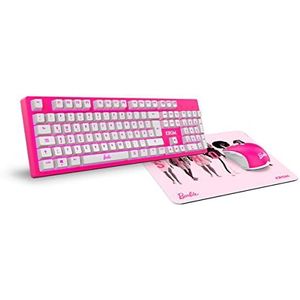 KROM Barbie KANDY Toetsenbord, muis en muismat, wit LED-membraantoetsenbord, muis 6400 dpi, zachte en duurzame rubberen muismat, Duits toetsenbord, roze