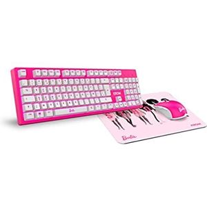 KROM Barbie KANDY toetsenbord, muis en muismat set - wit led-membraantoetsenbord, muis 6400 dpi, zachte en duurzame rubberen muismat, Frans toetsenbord roze.