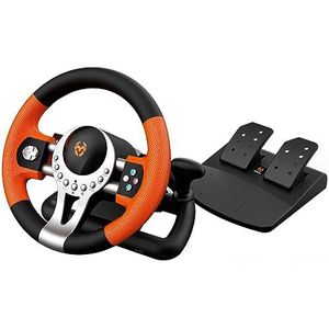 KROM K-Driver multiplatform stuurwiel en pedalen set, versnellingspook en peddels op het stuur, vibratie-effect, compatibele pc, PS3, PS4 en Xbox, zwart/oranje