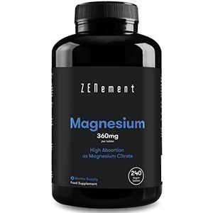 Magnesium, 360 mg, van Magnesiumcitraat | 240 Tablets, Hohe Absorption | Ondersteunt het geestelijke, zenuw-, spier- en skeletstelsel | Veganistisch | Zenement