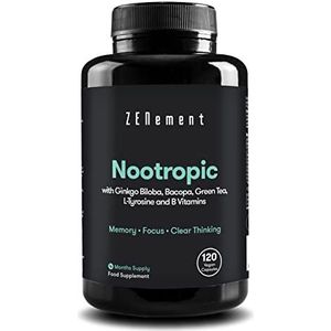 Nootropic, met Ginkgo Biloba, Bacopa, Theanine, Tyrosine en B-Vitaminen, 120 Capsules | Geheugen, Concentratie, Helder Denken | Veganistisch, zonder toevoegingsmiddelen, GGO-vrij | Zenement