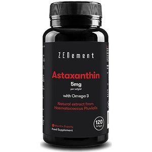 Astaxanthine, 80 mg uit Haematococcus Pluvialis microalgen met 8 mg Astaxanthine per Softgel - 10% Pure Astaxanthine - 120 Softgels met Gelatine - met Omega 3 - Zenement