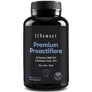 Premium Probiotica en Prebiotica, 80 Miljard Natuurlijke Probiotische Bacteriën met 30 Soorten Bacteriën + Butyraat, Inuline, Zink | Behoud van de Darmflora, Darmbalans | Hoge Dosering | Zenement