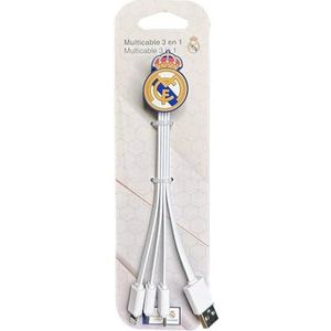 Real Madrid C.F. 3-in-1 kabel voor meervoudig opladen, motief Real Madrid, USB-ingang, USB-C- en micro-USB-poorten, alle soorten poorten en apparaten, robuuste materialen
