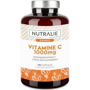 Vitamine C 1000mg Rozenbottel Ascorbinezuur - Verdediging + Vermoeidheid + Antioxidant - Bioflavonoïden - 180 Vegan Capsules Nutralie