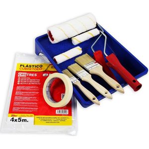 SET anti-druip verfroller + SET platte kwast + 20m2 afplakfolie + grote verfbak + afplaktape.