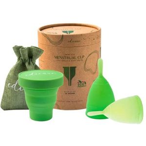 Edicare, Menstruatiebeker, menstruatiebeker, bevat twee kopjes, 1 sterilisator en 1 draagtas, medische siliconen, zacht, 100% veilig (S - Organic Edition)