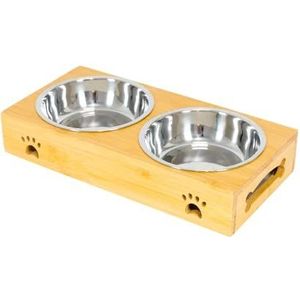 Edipets, Voerbak voor honden, katten, dubbele kom, afneembaar, roestvrij, antislip onderkant van bamboe (roestvrij staal, dubbel)
