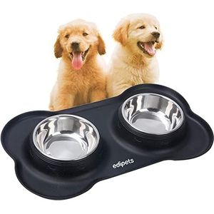 Edipets, Voerbak voor honden, katten en huisdieren, afneembare dubbele kom van roestvrij staal, antislip siliconen basis (maat M - 480 g, zwart)