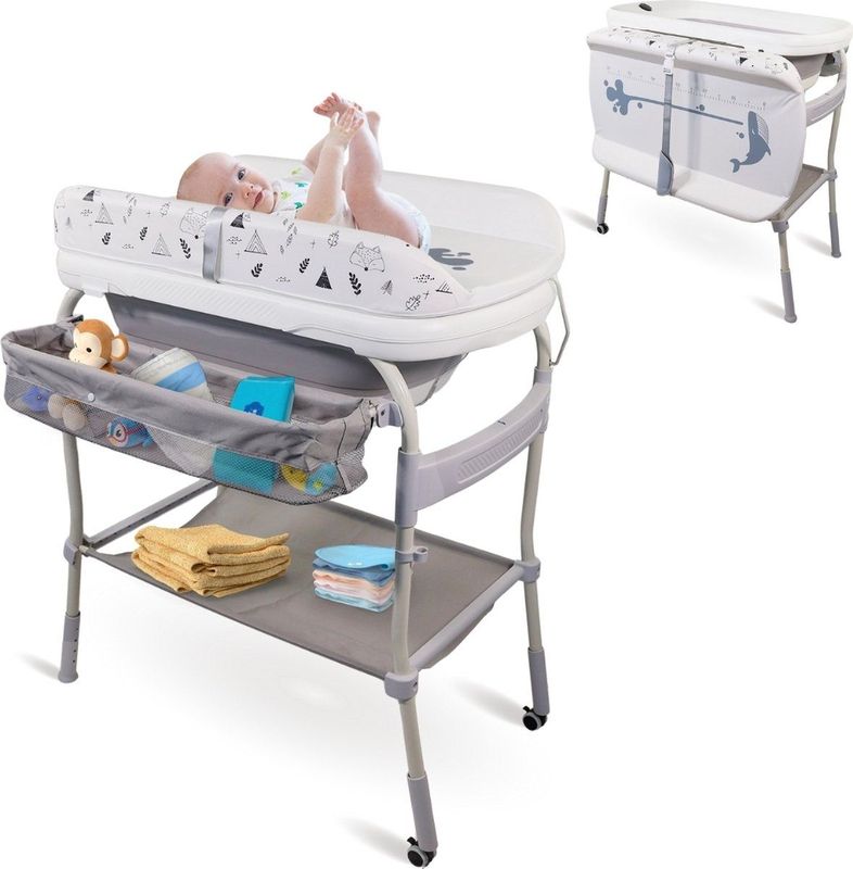 Mobiclinic® kids, Baby verzorgingstafel met bad 2 in 1, Trendy, Verstelbaar 4 hoogtes, Thermometer, Wielen rem, Opslagmanden, Tot 50 kg, Afvoerslang, 0-36 maanden
