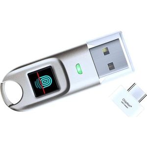 FIDO2 USB-stick en ChipNet FIDO2 ID BioPass digitaal certificaat. Hoge beveiliging beschermd door vingerafdruk. Spaans bedrijf met persoonlijke ondersteuning, zilver metallic