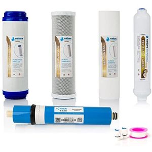 Nature Water Professionals 4 filters voor omgekeerde osmose, standaard omgekeerde osmose, incl. 75 GDP-membraan voor 5-traps universele uitrusting, stekker en teflon-rol