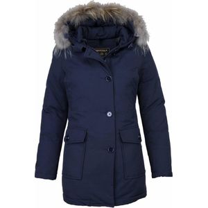 Bontjassen - Dames Winterjas Wooly Lang - Blauw - Polyester - Bontkraag Afhaalbaar