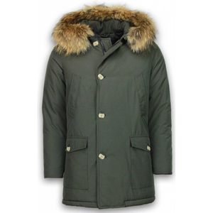 Enos - Lange Parka Jas - Groen - Met Bontkraag
