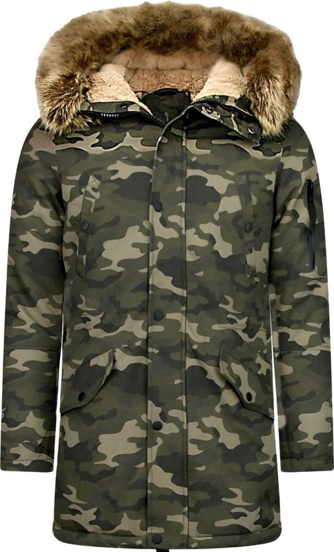 Enos Lange Heren Winterjas – Met Faux Bontkraag – Camouflage Heren Winterjas Heren Jas Maat M