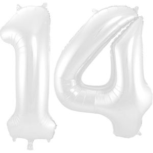 Folieballon Cijfer 14 Wit Metallic Mat - 86 cm