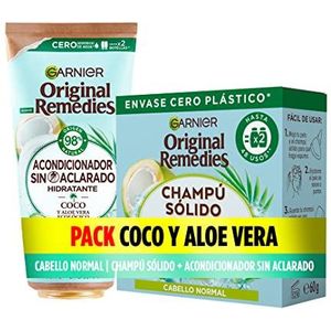 Garnier Originele Remedies Pack Solide shampoo en conditioner zonder uitspoelen Ultra voedingsstoffen voor normaal haar, kokosnoot en aloë vera vochtverzorging, verpakking van 2