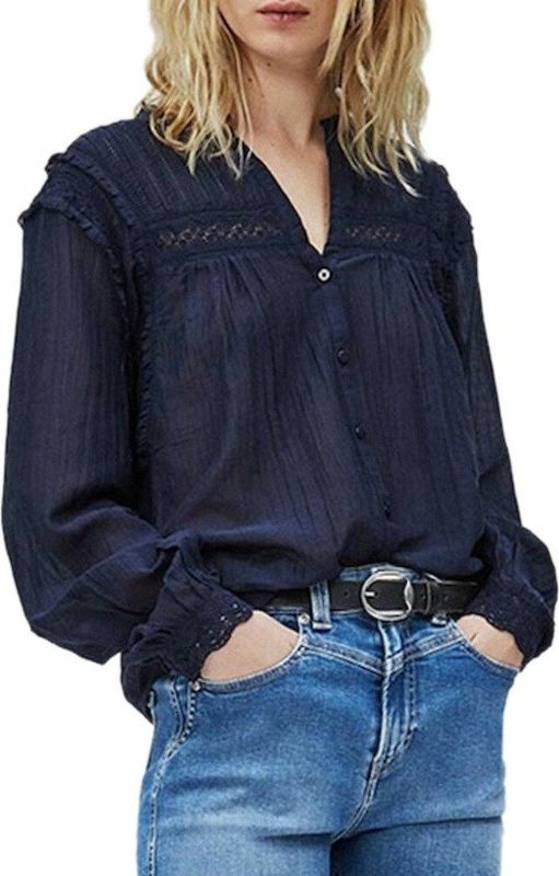 Pepe Jeans - Albertina_Pl Blouse - Effen - Lange Mouwen - V-hals - Mix van Vezels