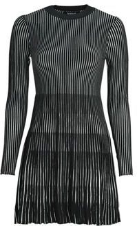 Korte Jurk - Tweekleurig - Ribbelbreisel - Slim Fit - Ronde Hals - Lange Mouwen