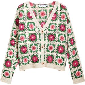 Desigual - Gebreid Vest - Ecru - Katoen Acryl - Knoopsluiting V-hals