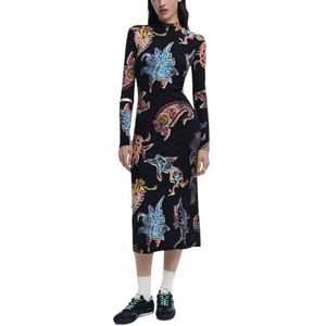 Desigual - Jurk - Zwart - Bodycon - Colkraag - Lange Mouwen