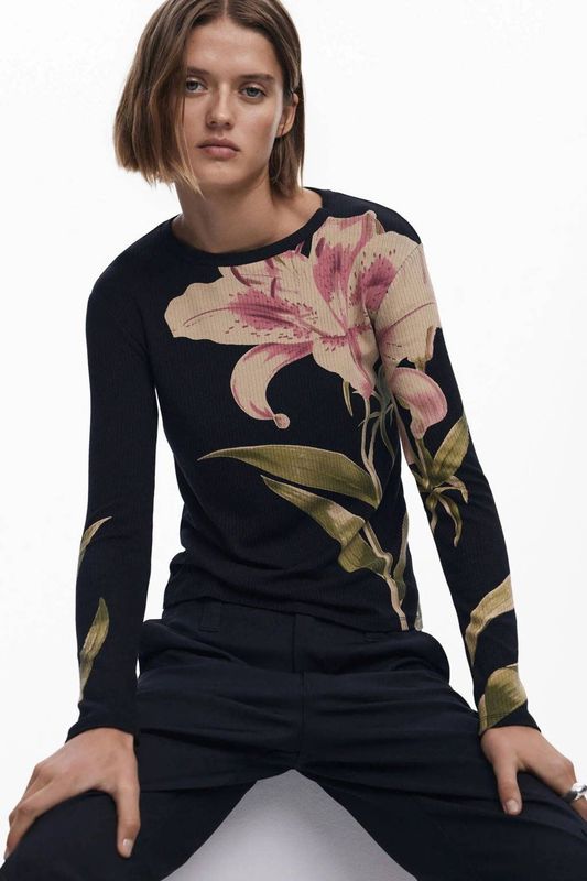 Desigual - Top - Zwart - Rib Gebreid - Lange Mouwen