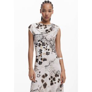 Desigual Midi Jurk - Ecru met Ronde Hals en Kapmouwtjes