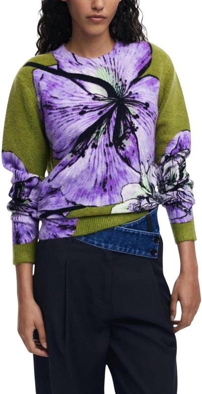 Desigual - Floral Knitwear - Groen - Dames - Lange Mouwen - Ronde Hals
