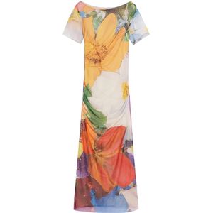 Midijurk - Tule - Met Bloemenprint - Ronde Hals - Korte Mouwen