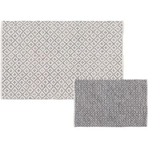 LOLAhome Handgenaaid omkeerbaar tapijt, ruitpatroon, grijs en wit, van katoen en polyester, 120 x 180 cm